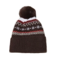 Nahaufnahme der Winterstrickmütze mit nordischem Schneeflockenmuster und Kunstfellbommel - M (56-58cm) / Kaffeebraun