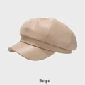 Chic beige PU leather baker boy hat with classic octagonal paneled design and visor - One Size (54-58cm) / Beige