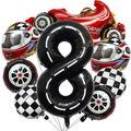 Racewagen feestdecoratie met groot zwart cijfer 8 en raceauto folieballonnen - Raceauto set nummer 8