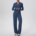 Detail of navy blue three-piece yoga set with zip jacket, vest and straight pants - S / Navy Blue