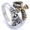Punk style stainless steel Ankh cross ring with gold and silver embossed detail - US 7 / Gold & Silver