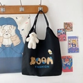 Schwarze Canvas-Tragetasche mit Cartoon-Bär und Plüschanhänger für Schülerinnen - Mit Anhänger / Schwarz