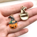 Halloween charm set featuring an orange pumpkin with a black witch hat for DIY jewelry - Orange Pumpkin Cat Head