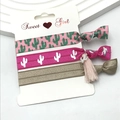 Three-piece elastic hair tie set with cactus print, silver charm and pink tassel - Cactus Pattern (1)
