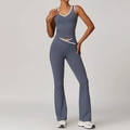 Dark blue high-waisted yoga set with contrast white trim and flared leggings - XL / Top And Bottom (Vest + Flare Pants) / Blue Gray