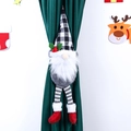 Detail of Christmas gnome curtain tieback with checkered hat and red boots on green fabric - Gray