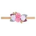 Pink and white fabric floral baby headband with rhinestones on soft nylon band - Style 6(6)