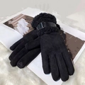 Winter faux suede gloves in black featuring plush fur trim and stylish buckle strap - Belt Buckle Style / Black