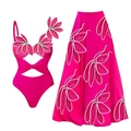 Fuchsia Monokini mit 3D-Blütenblättern und passendem Maxirock mit Blumenmuster Set - S / Hot Pink Set