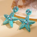 Starfish drop earrings with turquoise beadwork and pearls for beach vacation style - Silver Earring Post-Blue