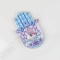 Keramik-Hamsa-Schale mit lila Auge-Muster und Goldrand auf weißem Marmorhintergrund - Blau Stil A Augenplatte