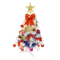 Close-up of white mini Christmas tree with gold star, red ribbons, and colorful ornaments - 45cm White Tree with Accessories No Light