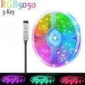 5V 5050 RGB LED strip set with 3-key controller showing red green and purple light colors - 1m+3-Key Control(12 LEDs/m) / RGB Multicolor