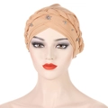 Elastic beige turban hat featuring a braided twist design and silver bead embellishments - Khaki with Silver Beads