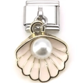 Detail of silver clasp and gold shell pendant with white pearl inlay on white base - 0026-Light Pink Shell Pearl