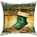 Weihnachts-Kissenbezug mit grünem Socken-Motiv auf Leinen für festliche Dekoration - YMD15-2 (Kamin Weihnachtssocke)
