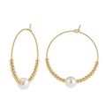 Golden hoop earrings with white freshwater pearls and fine metallic beads jewelry - GPE79-14K Large Beaded Pearl Hoop / Gold