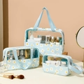 Set of 3 blue transparent cosmetic bags with white daisy print and handles - Small, Medium And Large Bag Set / Blue Daisy