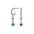 S925 silver needle drop earrings featuring square pink and green zircon stones with rope texture - Silver