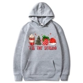 Gray Christmas themed hoodie with 'TIS THE SEASON holiday prints and drawstring hood - Light Gray