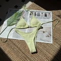 Fluorescent green smocked bikini set with drawstring ties on lifestyle magazine background - S / Top And Bottom / Light Green