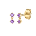 Detail view of gold-plated silver earrings with double round purple zircon stones - Double Stone Vertical Dangle Earrings