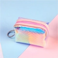 Mini portamonete laser in PVC con bordo rosa, trama a squame e portachiavi in argento - Borsa Quadrata Rosa