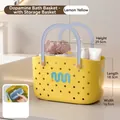 Portable lemon yellow plastic shower caddy with sky blue handles and drain holes - With Internal Grid / Lemon Yellow