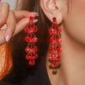 Elegant long fringe earrings with vibrant red rhinestones and a cascading tassel design - Red Multi-layer Tassel Drop Earrings