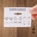 Set of 6 pairs of silver stainless steel earrings featuring bear star and moon shapes - Steel Color (9201)