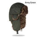 Detail of Army Green winter trapper hat with windproof fabric and thick faux fur lining - 56-60cm / Army Green