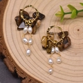 Handmade gold hoop earrings with brown tiger eye stone chips and white drop pearls - Tiger's Eye