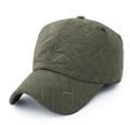 Quilted olive green winter baseball cap with ear protection and geometric stitching - Embroidered Green Grid