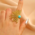 Bohemian gold stainless steel ring featuring a sunburst design and turquoise stone inlay - Gold (9817)