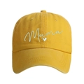 Detailed close-up of the white Mama script embroidery on a yellow washed cotton baseball cap - Washed Yellow - Single Heart Mama