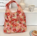 Floral canvas tote bag with orange and pink blossom print and Sezakko brand label - Summer Floral