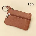 Mini genuine leather coin purse in tan brown with double zippers and key ring - Khaki/Earth Yellow