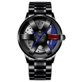 Men's car wheel rim quartz watch with black stainless steel band and blue brake caliper - Stainless Steel Strap / Blue