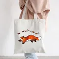Large white canvas tote bag with orange fox and red leaves print for daily shopping - Style C4-Orange Fox Autumn Leaves