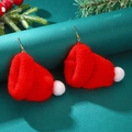 Handmade red knitted Christmas hat earrings with white pom poms and gold hooks - Large Red Hat