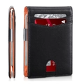 Slim black leather men's wallet with orange interior, money clip, and RFID card slots - Nappa Black + Orange