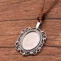 Antique silver oval pendant tray with decorative edges on brown woven PU cord - Vintage Metal Lace Oval Style
