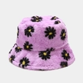 Close-up of plush purple bucket hat featuring fluffy faux fur and daisy floral patterns - Purple with Yellow Daisy (7#)