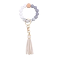 Bracciale portachiavi in silicone con perle marmorizzate, legno e nappa color beige - Bianco