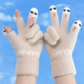 Mitaines tricotées beige avec motif panda et texte FASHION pour l'hiver froid - Gants sans doigts / Beige