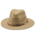 Straw sun hat in beige with wide brim and decorative rose gold metal chain band - M (56-58cm) / 01 Beige