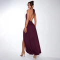 Elegante abito lungo viola intenso con scollo all'americana, schiena scoperta e spacco - S / Borgogna