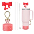 Detailed pink tumbler set with red bow straw cover and glitter silicone protective boot - Red