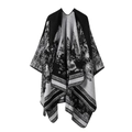 Minimalist black and white knit shawl poncho with geometric patterns and fringe detail - One Size / Jungle Pattern - Black Grey