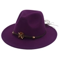 Detail of purple fedora hat with brown braided band and wooden floral ornaments - M (56-58cm) / Purple